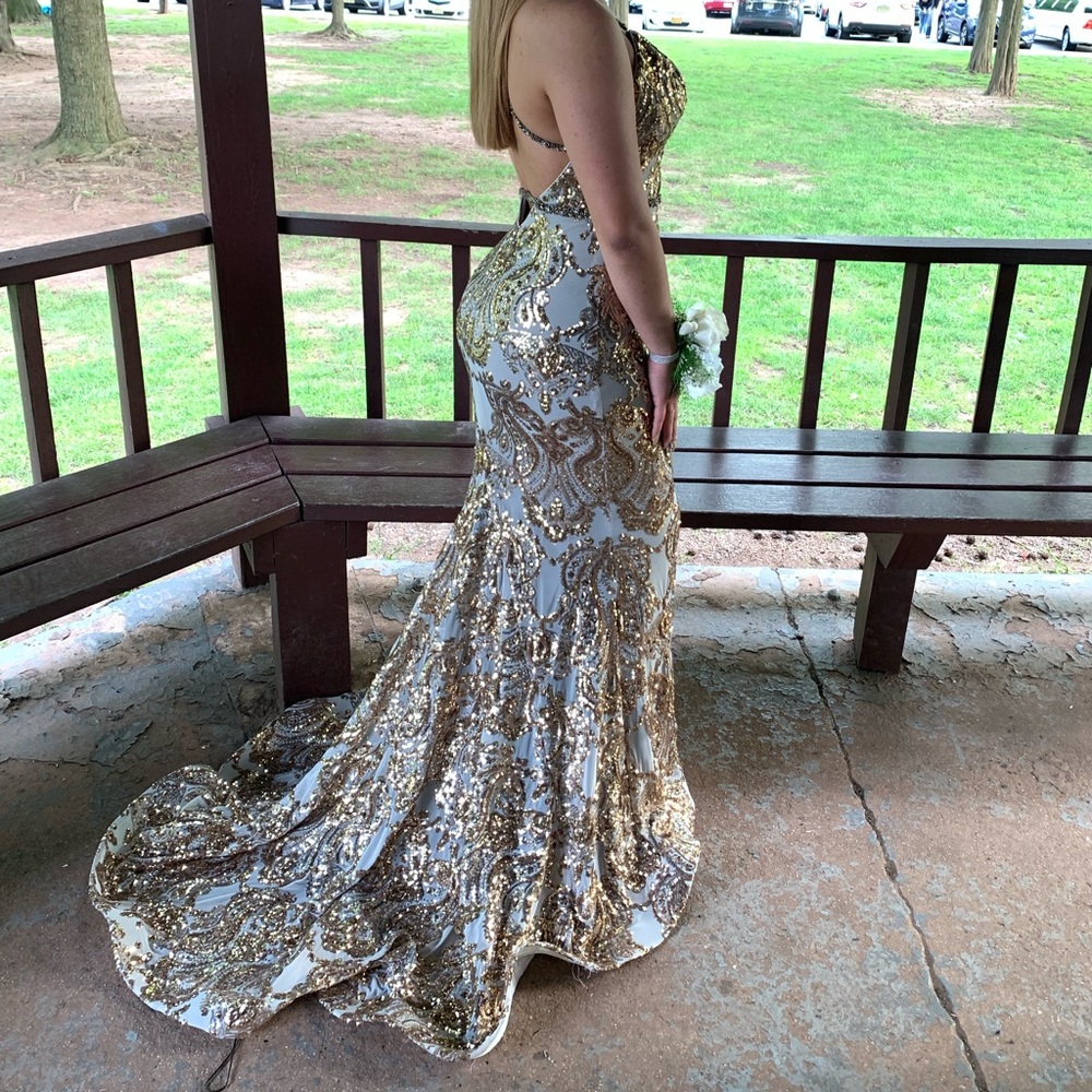 Jovani Gold Silver Criss Cross Embellish PromDress
